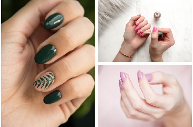 Colate estive, manicure forma a mandorla, smalto di colore rosa, collage di foto