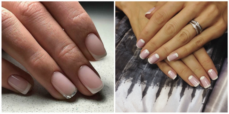 Unghie chiare, smalto di colore rosa, french manicure, immagini mani donna